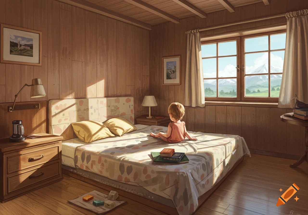 A small child sits on a bed in a sunlit wooden room, looking out a large window at a snowy mountain landscape. Digital illustration.