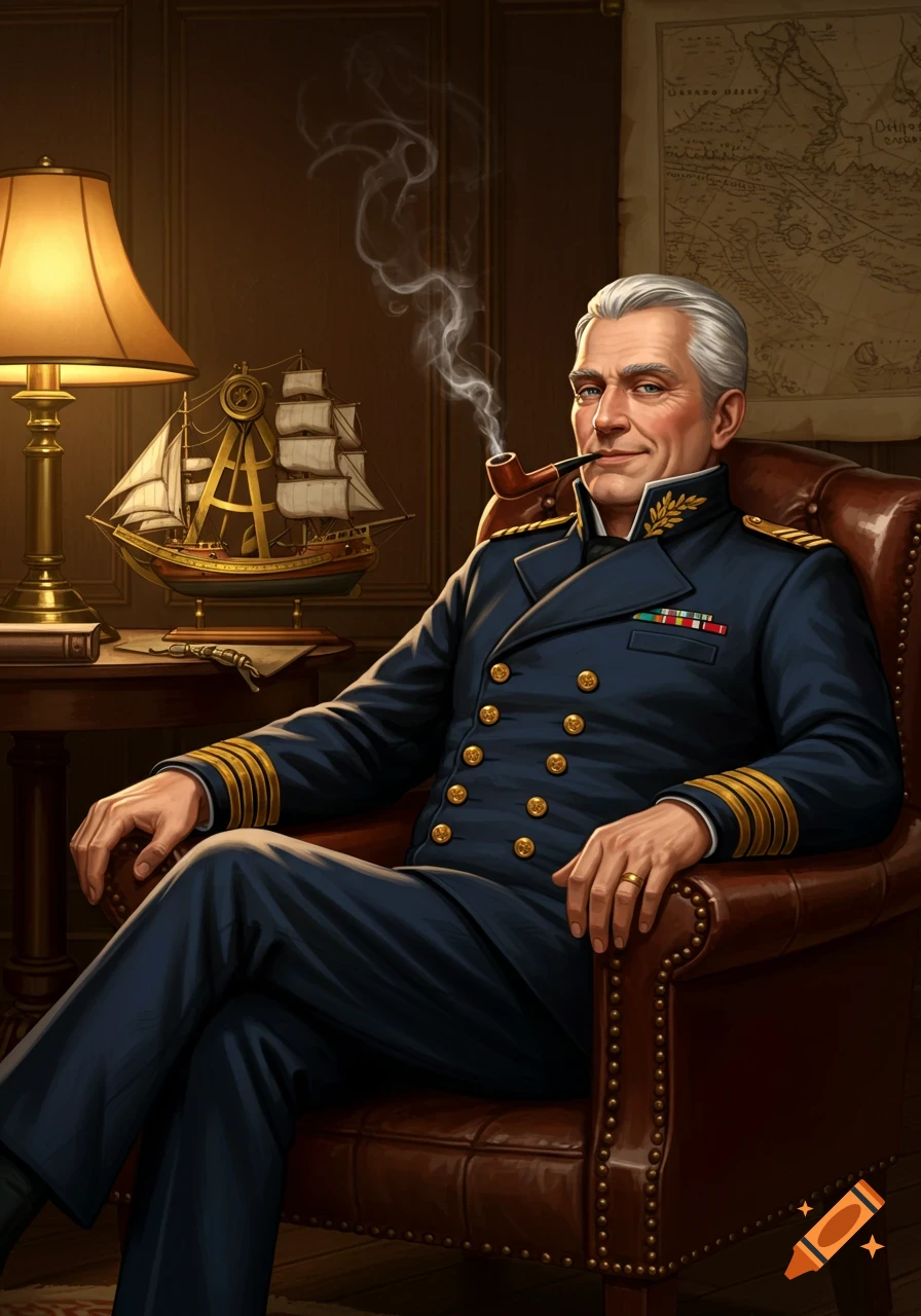 A distinguished man in a dark blue naval uniform with gold epaulets sits in a leather armchair, smoking a pipe. A model ship and map are in the background.