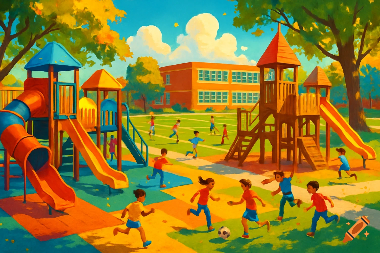 Vibrant, impressionistic painting of children playing soccer and on playground equipment in a schoolyard.