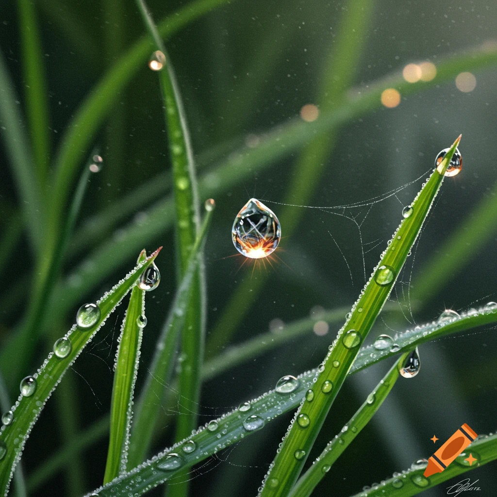 Close-up macro shot of vibrant green grass blades covered in shimmering dewdrops, with a prominent faceted dewdrop glowing on a spiderweb.