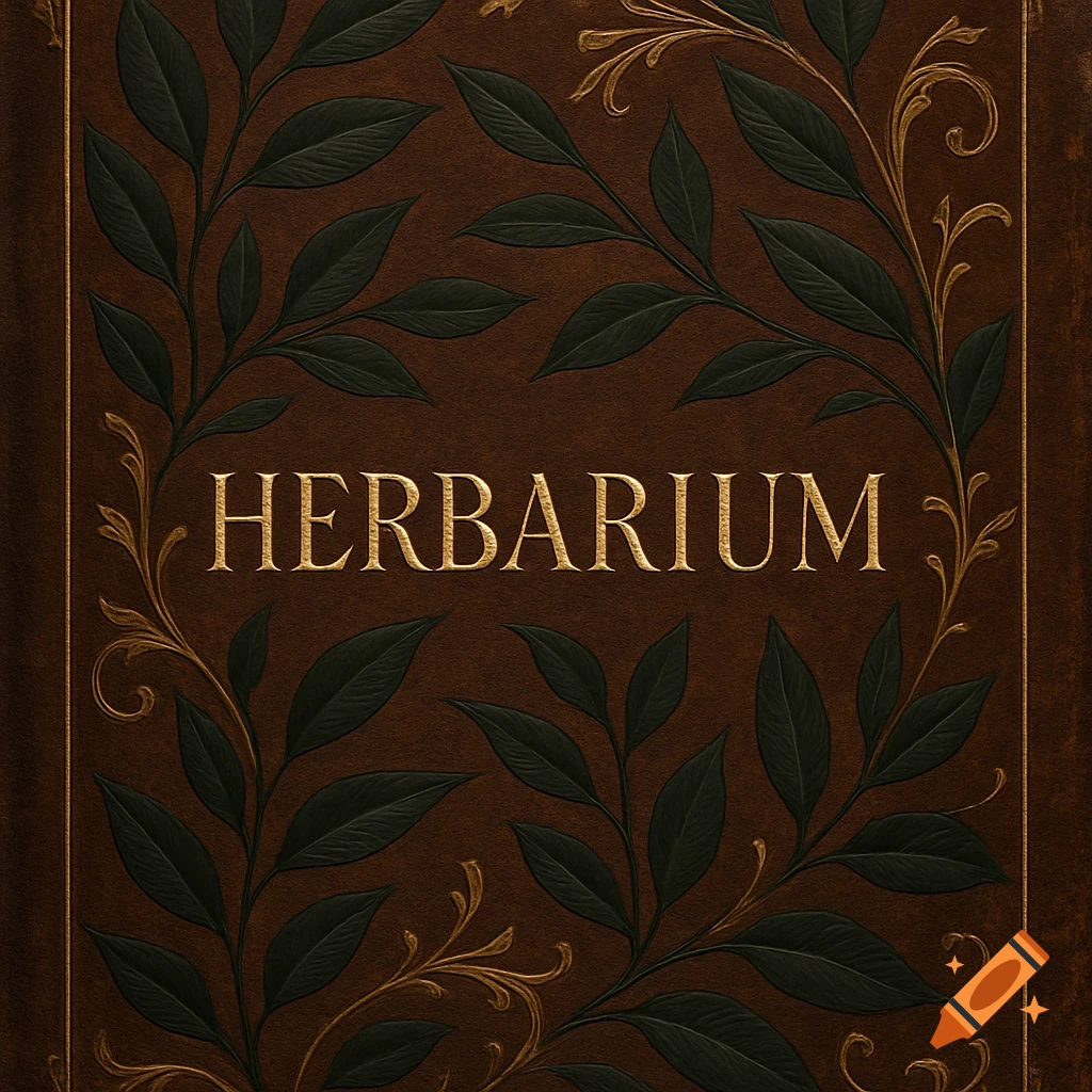 Ornate brown book cover with dark green leaves and gold accents, featuring the title HERBARIUM in golden letters.