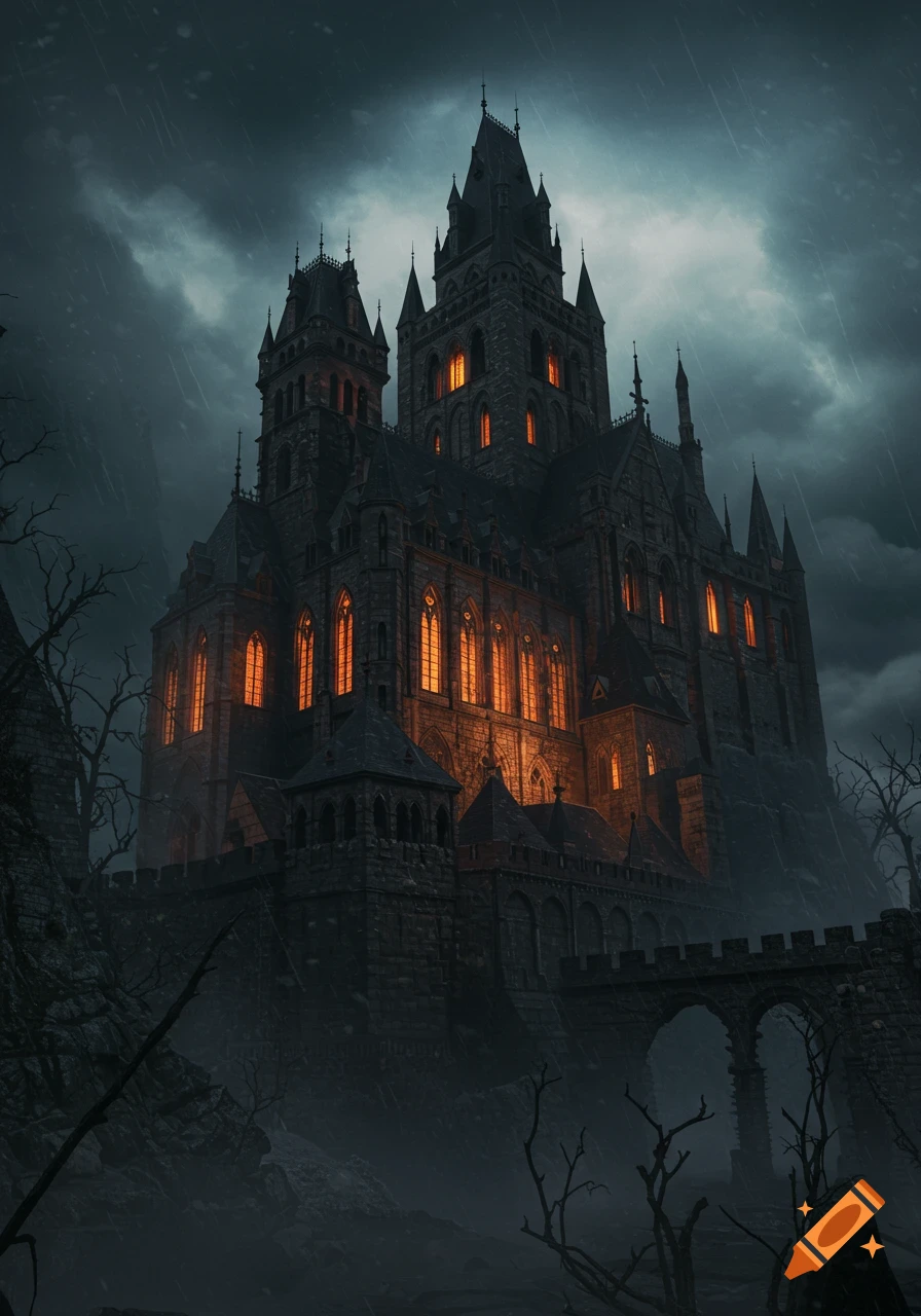 A dark, ominous gothic castle with glowing orange windows stands under ...