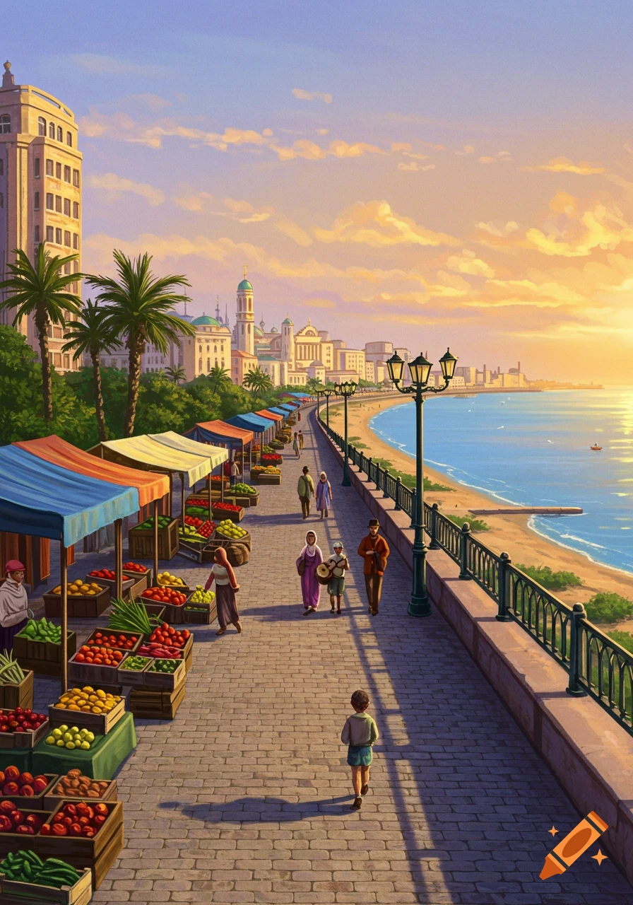 A vibrant illustration of a coastal city with a bustling market along a promenade at sunset. Palm trees line the street, and people walk along the market stalls.