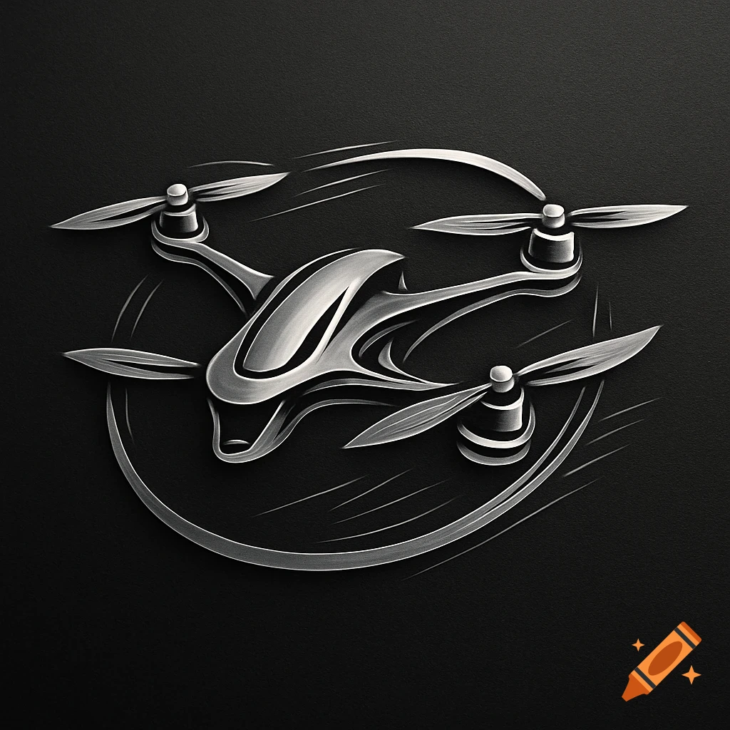 A stylized metallic drone logo with four propellers on a dark, textured background.