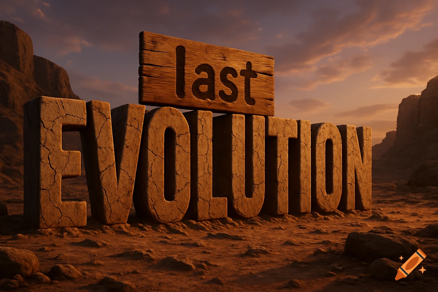 A 3D render of the word 'EVOLUTION' in cracked stone in a desert, with a wooden plank reading 'last' on top at sunset.