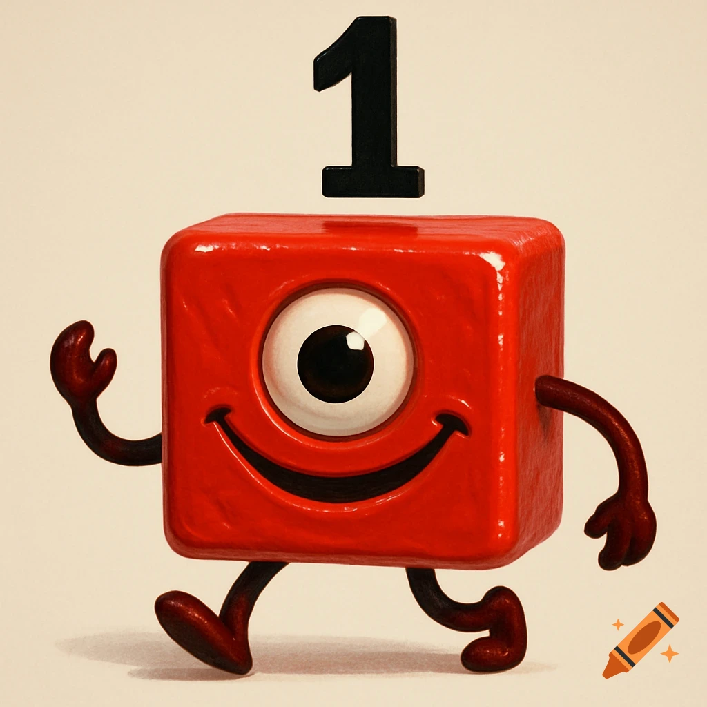 A red block character with one eye, a smile, dark red limbs, and a black number 1 floating above its head.