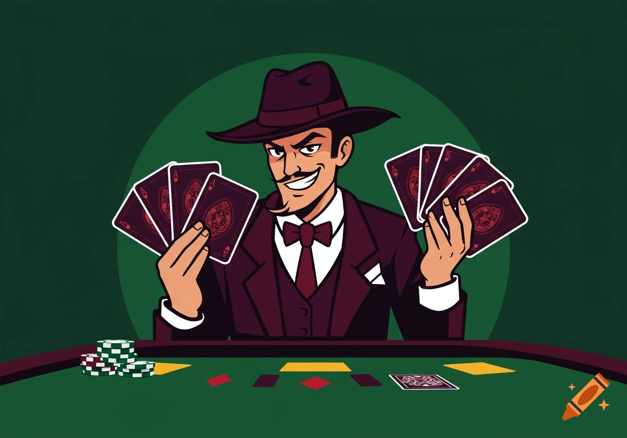Stylized illustration of a smiling man in a suit and fedora holding playing cards at a green table with poker chips.