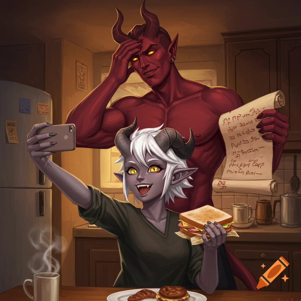 A grey-skinned tiefling with white hair takes a selfie with a sandwich, while a red-skinned devil stands annoyed in the background holding a scroll.