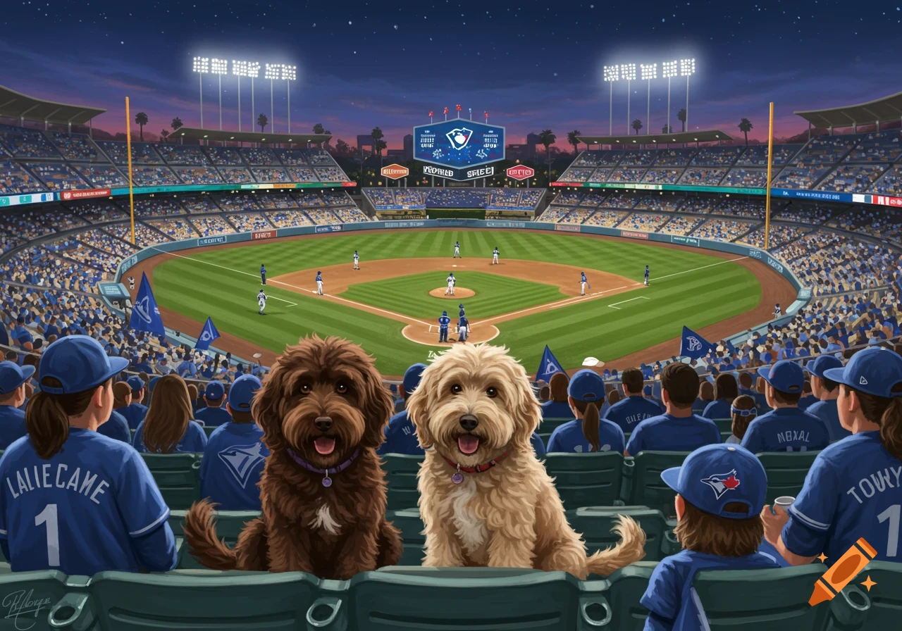 Two labradoodle dogs sit in stadium seats watching a baseball game between the Toronto Blue Jays and Los Angeles Dodgers under a starry night sky.