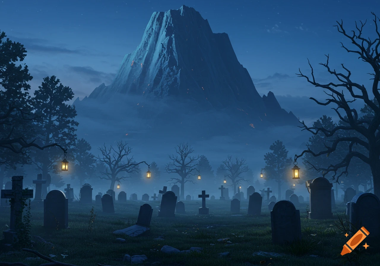 A moonlit graveyard with numerous tombstones, bare trees with lanterns, and a large, dark mountain in the background.