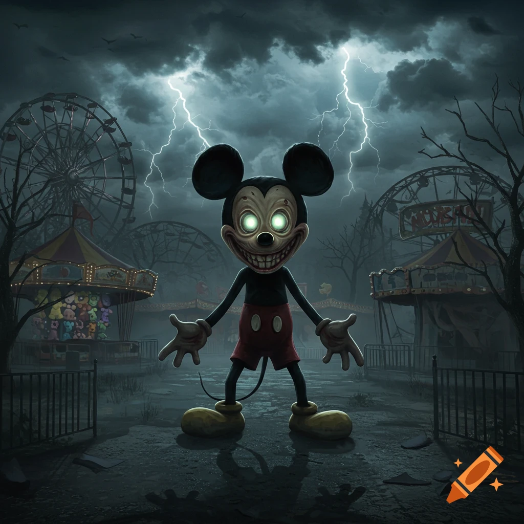 A creepy, evil Mickey Mouse with glowing eyes and a wide grin stands in a dark, stormy, abandoned amusement park under lightning.