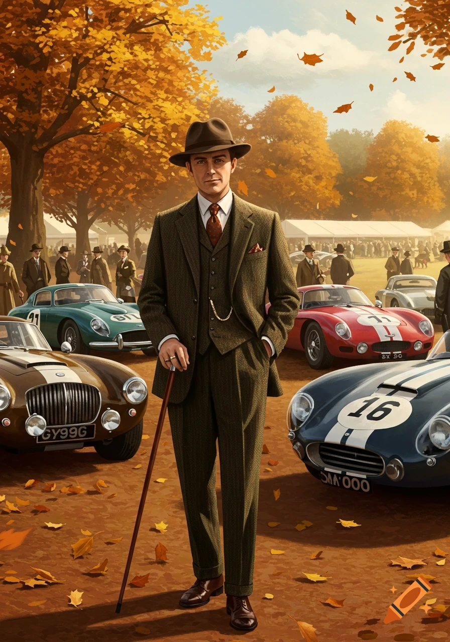 A man in a tweed suit and fedora with a cane stands among vintage racing cars at an autumn outdoor event.