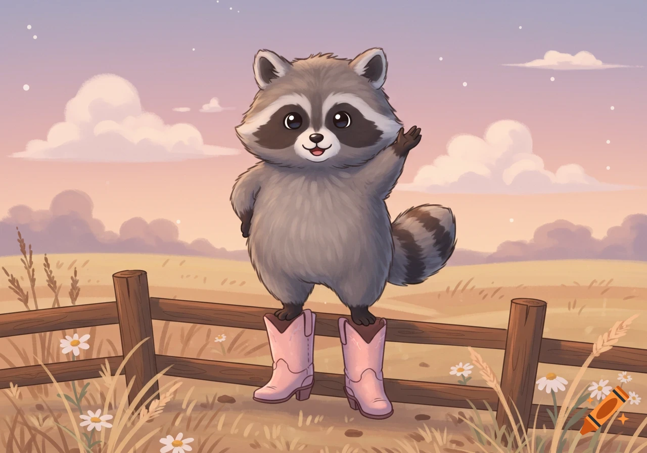 A cute cartoon raccoon wearing pink cowboy boots stands on a wooden fence, waving, against a sunset sky in a field with daisies.
