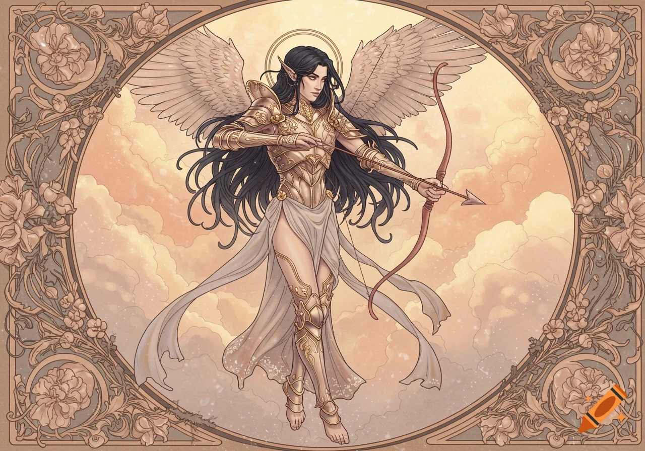 Art nouveau illustration of a black-haired winged elf in golden armor, holding a bow and arrow, against a cloudy sky with a floral border.