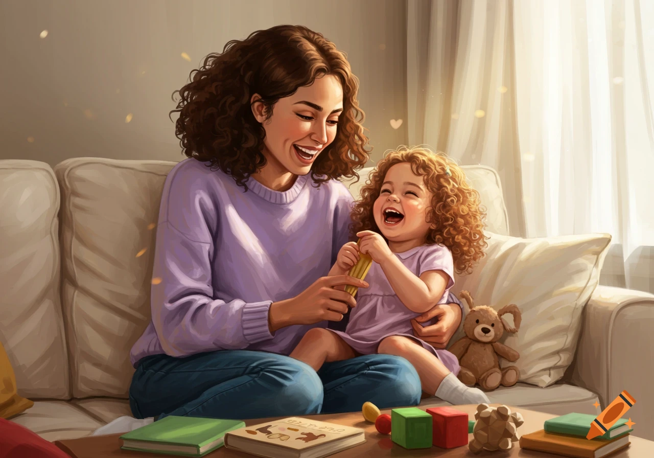 Illustration of a mother and her daughter laughing together on a couch, surrounded by toys and books.