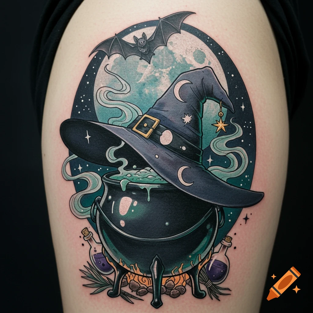 Stylized tattoo of a witch's cauldron bubbling, a witch hat with crescent moons, and a bat flying in front of a teal moon.