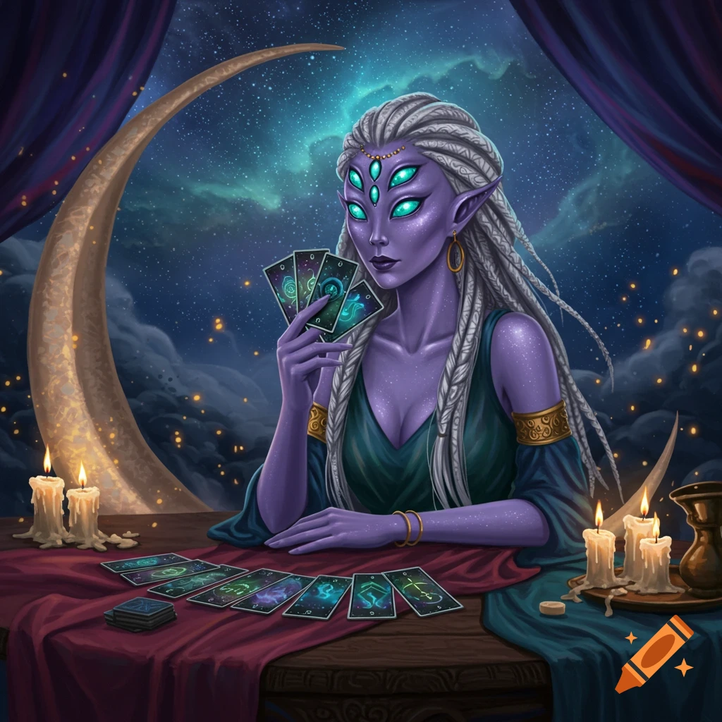 A purple-skinned, seven-eyed alien woman with white braids reads tarot cards at a candlelit table, under a crescent moon and starry night sky.