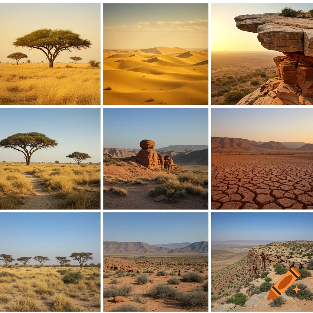 A 3x3 collage of various arid landscapes, including golden savannas with acacia trees, vast sand dunes, rocky desert formations, cracked dry earth, and cliffside vistas.