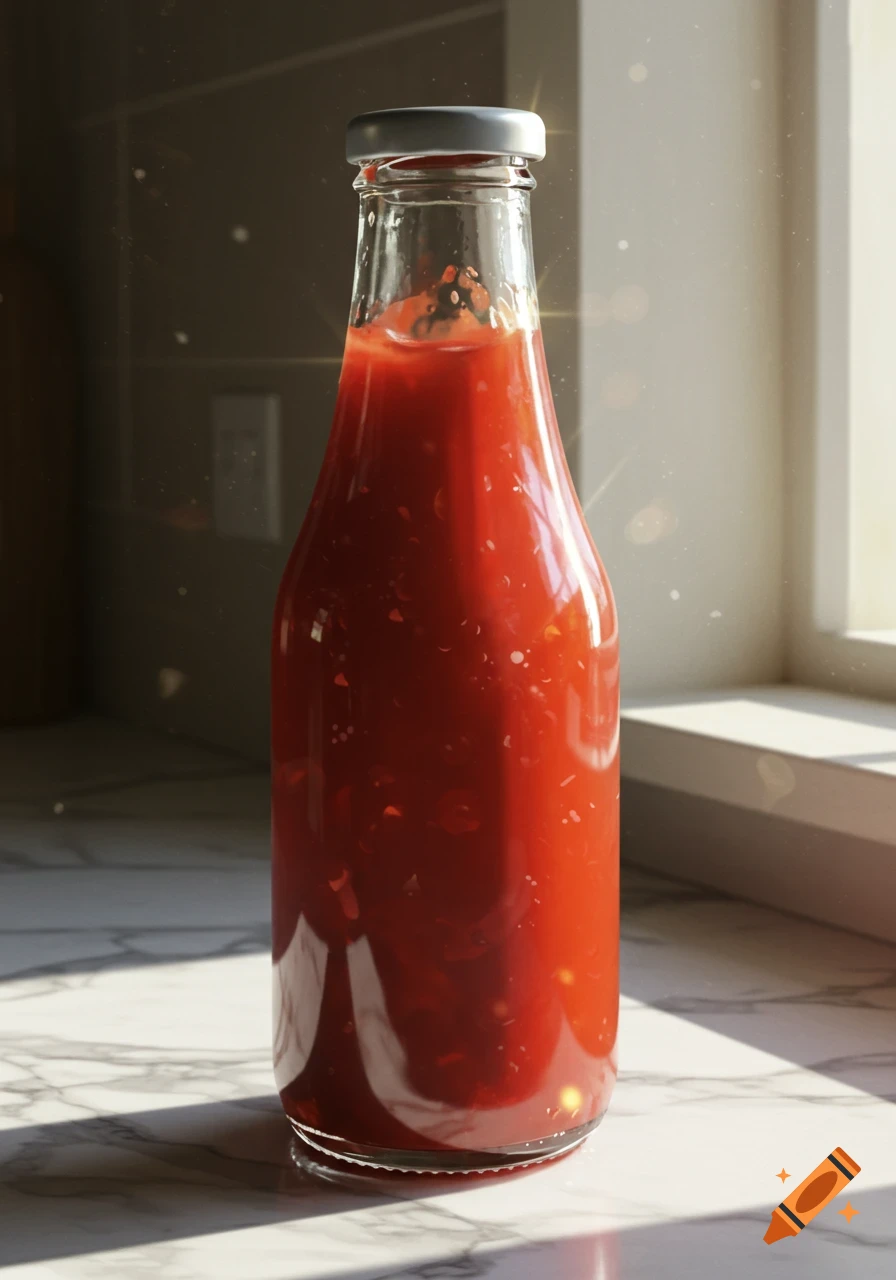 Photorealistic image of a glass bottle of red sauce on a marble countertop, sunlit by a window.