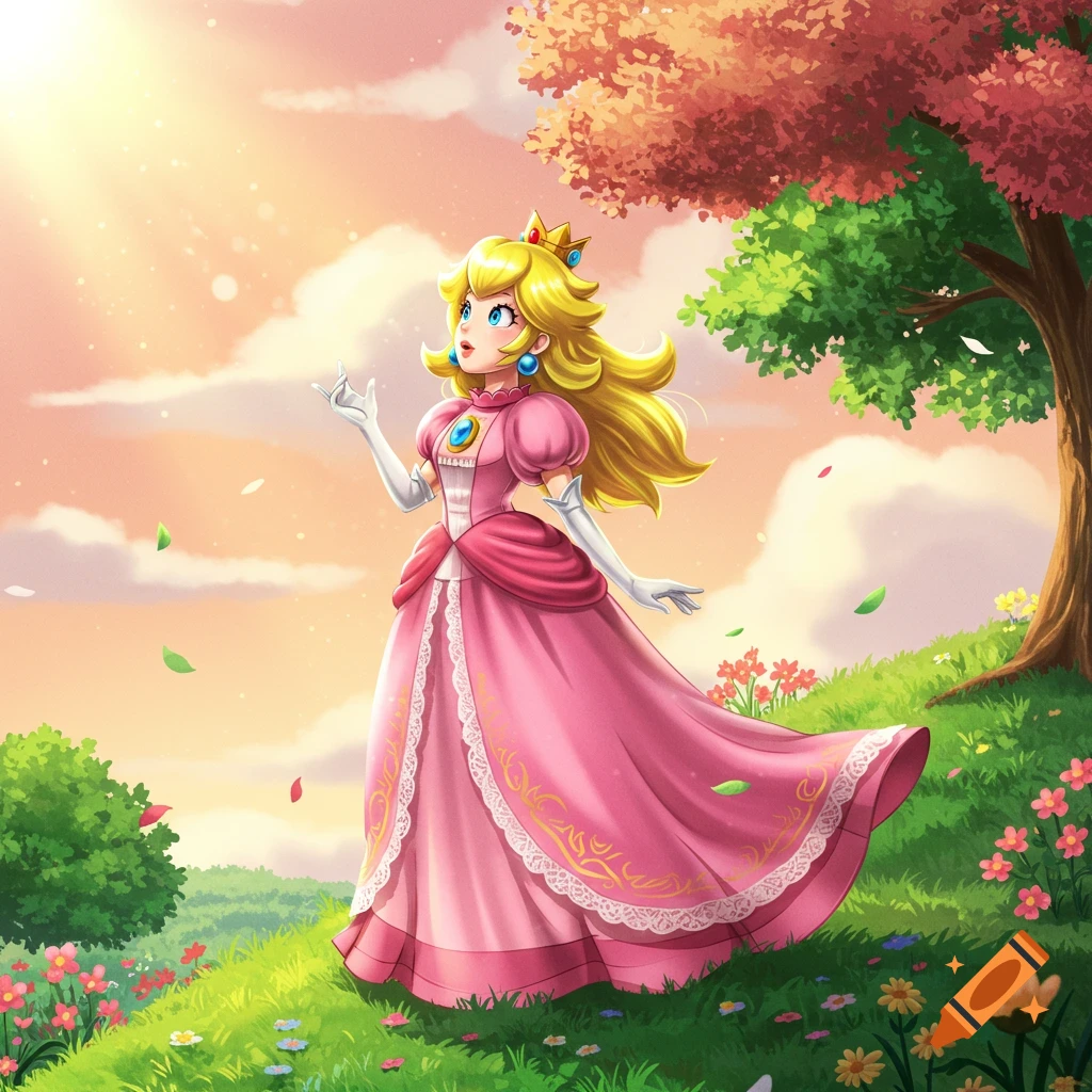 Princess Peach in a pink gown stands on a grassy, flowered hill ...