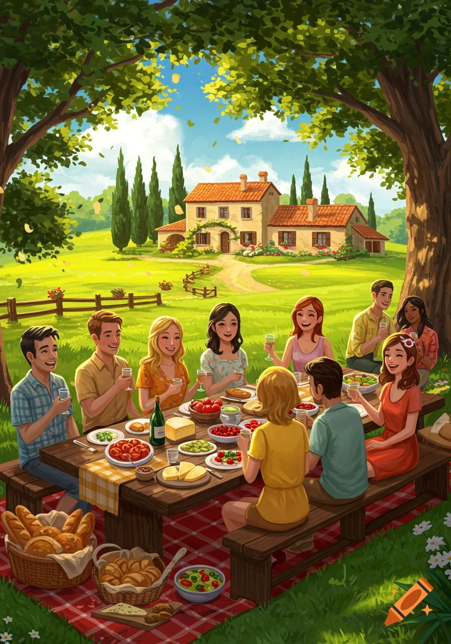 Vibrant illustration of happy friends picnicking under a large tree in front of a farmhouse, enjoying food and wine.