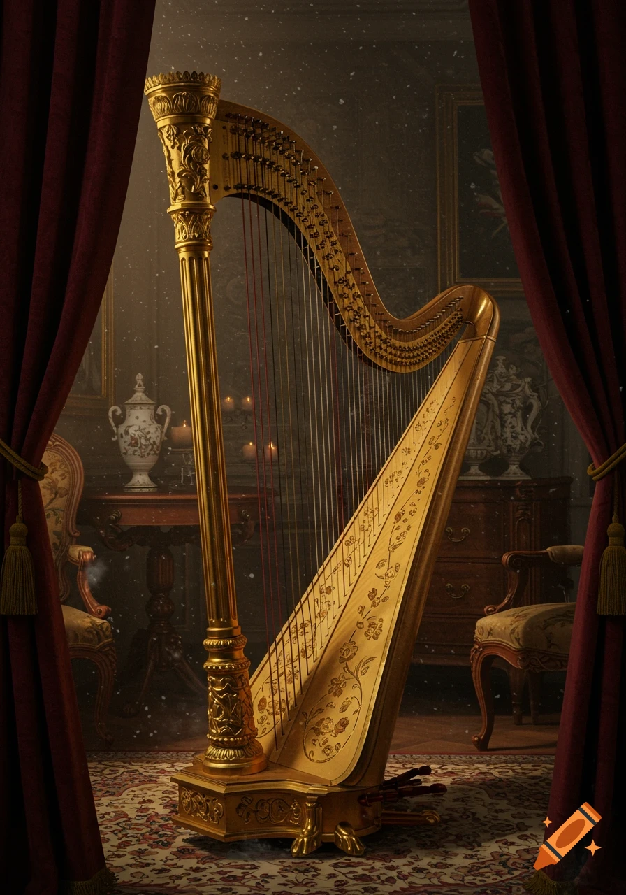 A grand, ornate golden harp stands amidst red velvet curtains and antique furniture in a dimly lit, classical room.
