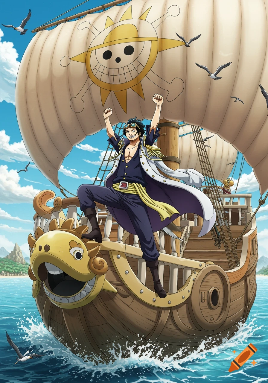 Anime character on a ship with a sun-skull flag, fists raised, sailing on a blue ocean with islands in the background.