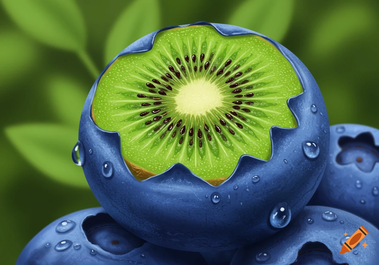 A close-up illustration of a blueberry with the inside of a green kiwi fruit carved into it, covered in water droplets.