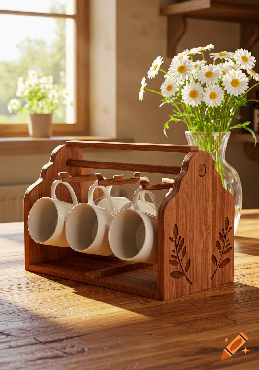 A wooden coffee cup holder with four white mugs on a table. A vase of white daisies and a sunlit window are in the background.