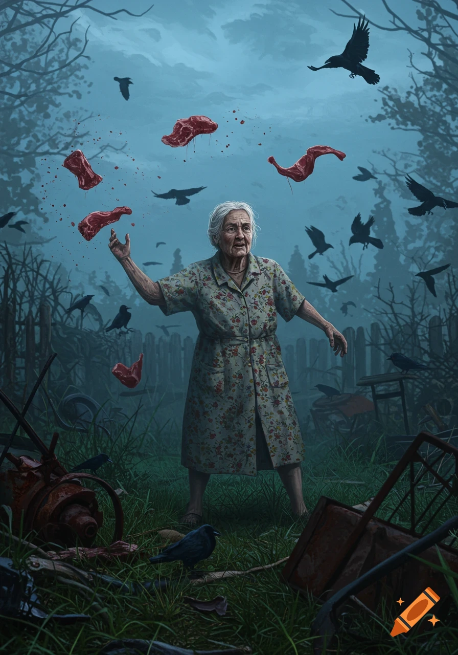 An elderly woman in a floral dress throws pieces of raw meat into the air amidst flying crows in a dark, overgrown junkyard.