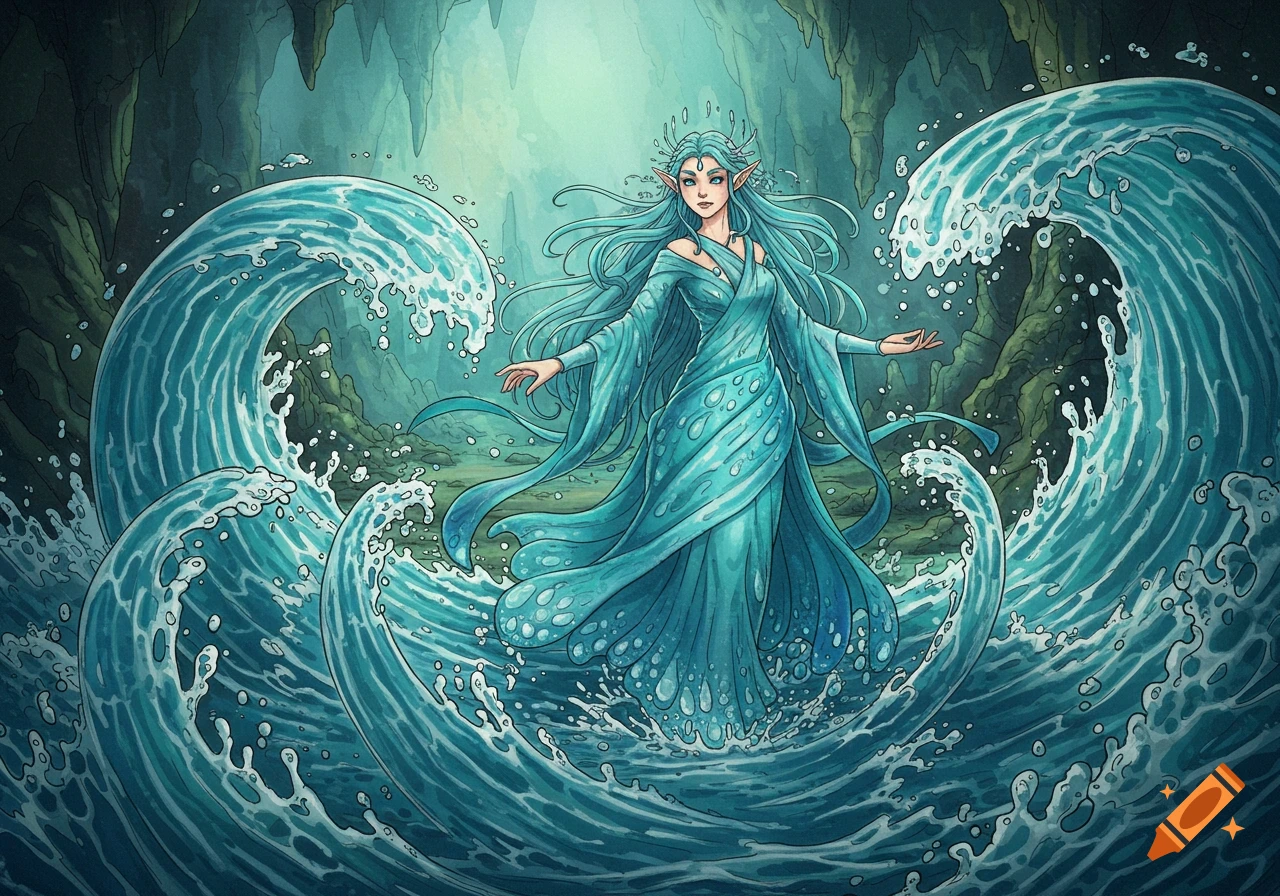 An illustration of a water mage with blue hair and dress, standing in a cave surrounded by large, cresting waves.