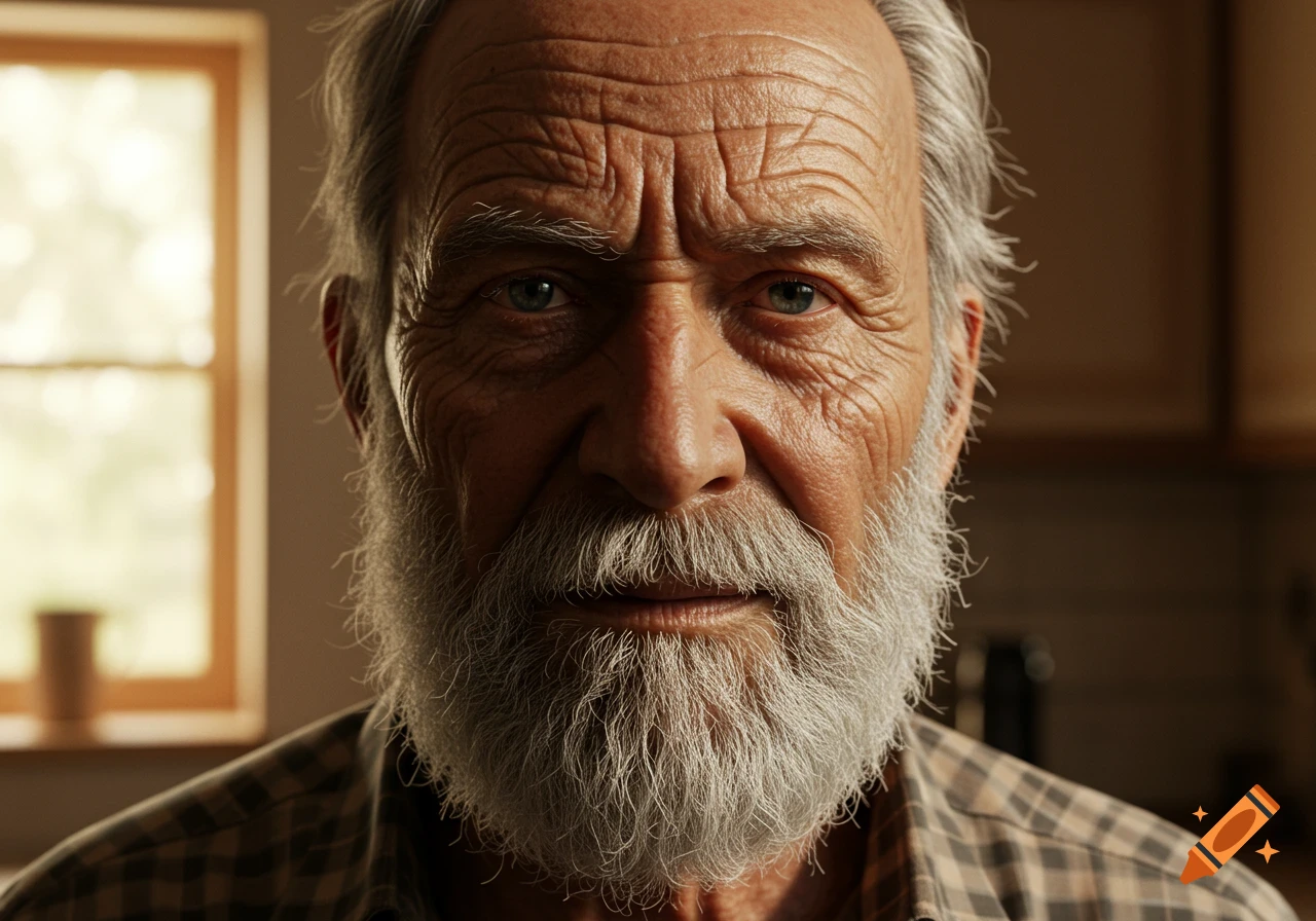 Close-up photorealistic portrait of an elderly man with a grey beard, wrinkles, and grey hair, looking forward.