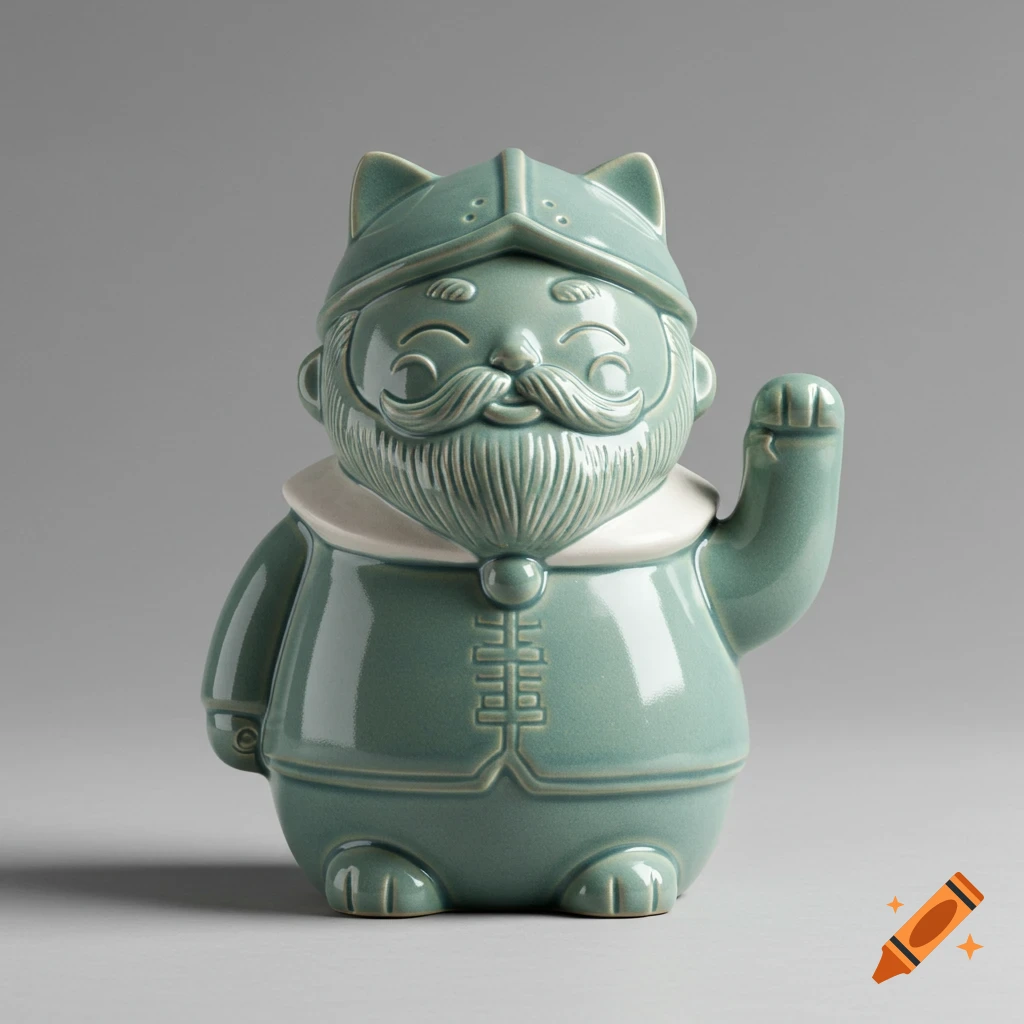 A celadon ceramic figurine of a bearded man in a helmet and coat, styled like a Maneki-neko, waving a paw.