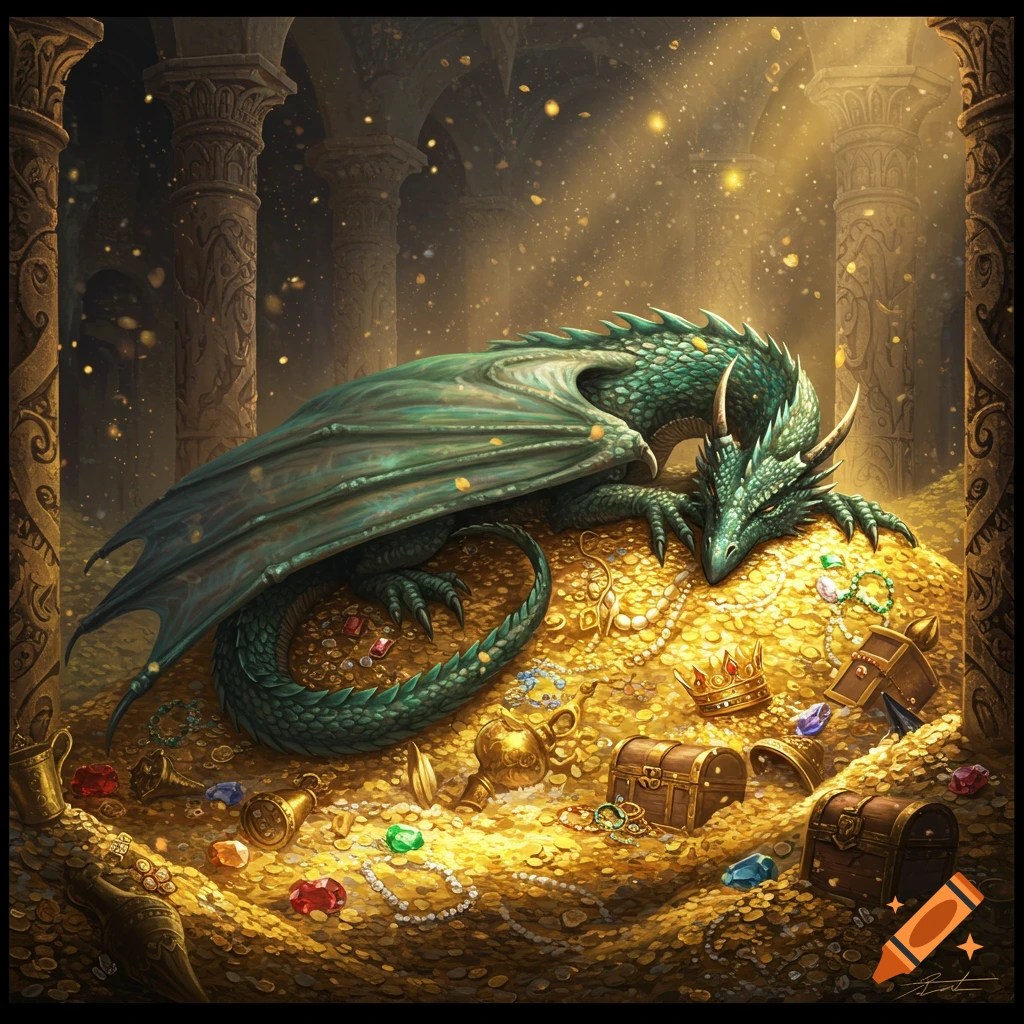 A majestic green dragon sleeps curled up on a vast pile of glittering gold coins and jewels inside a dimly lit, ancient stone chamber with ornate columns.