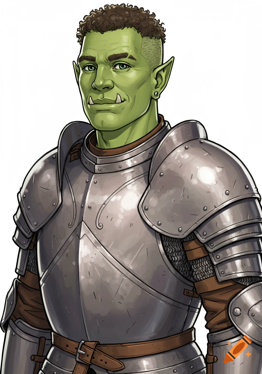 A friendly green-skinned male half-orc with short curly hair and small tusks, wearing full medieval armor, depicted in a D&D draw style on a white background.