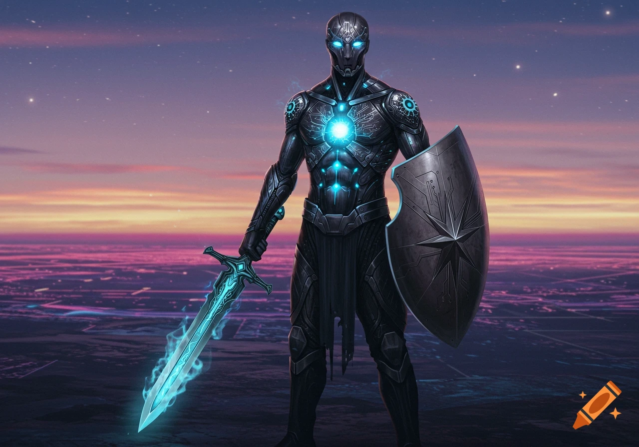 A futuristic robot warrior in black armor with glowing blue core and ...