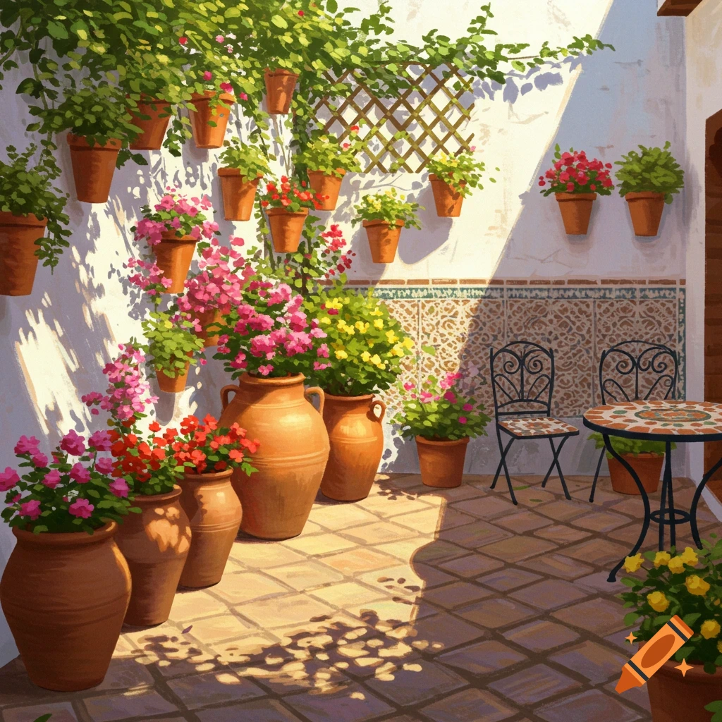 A vibrant Andalusian patio filled with numerous potted plants and colorful flowers, illuminated by warm sunlight and dappled shadows.