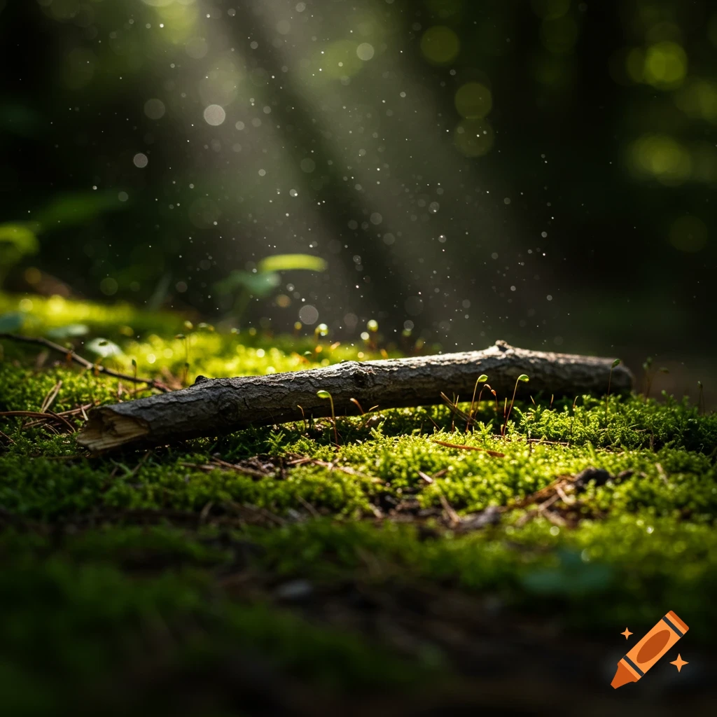 Close-up of a fallen tree branch resting on vibrant green moss, with sunbeams filtering through a dark forest background.