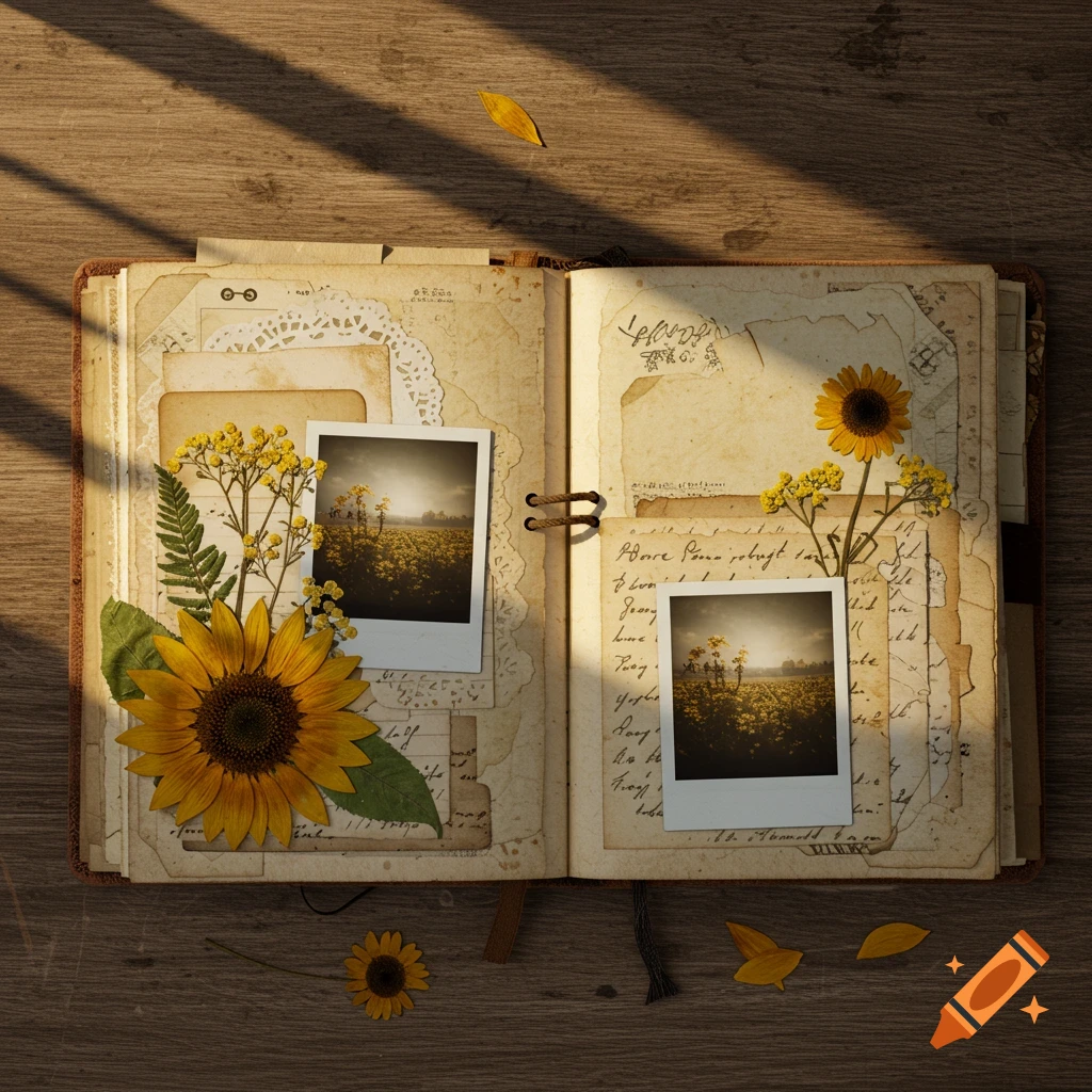 An open vintage junk journal on a wooden table, adorned with pressed sunflowers, yellow flowers, lace, and two polaroid-style photos.