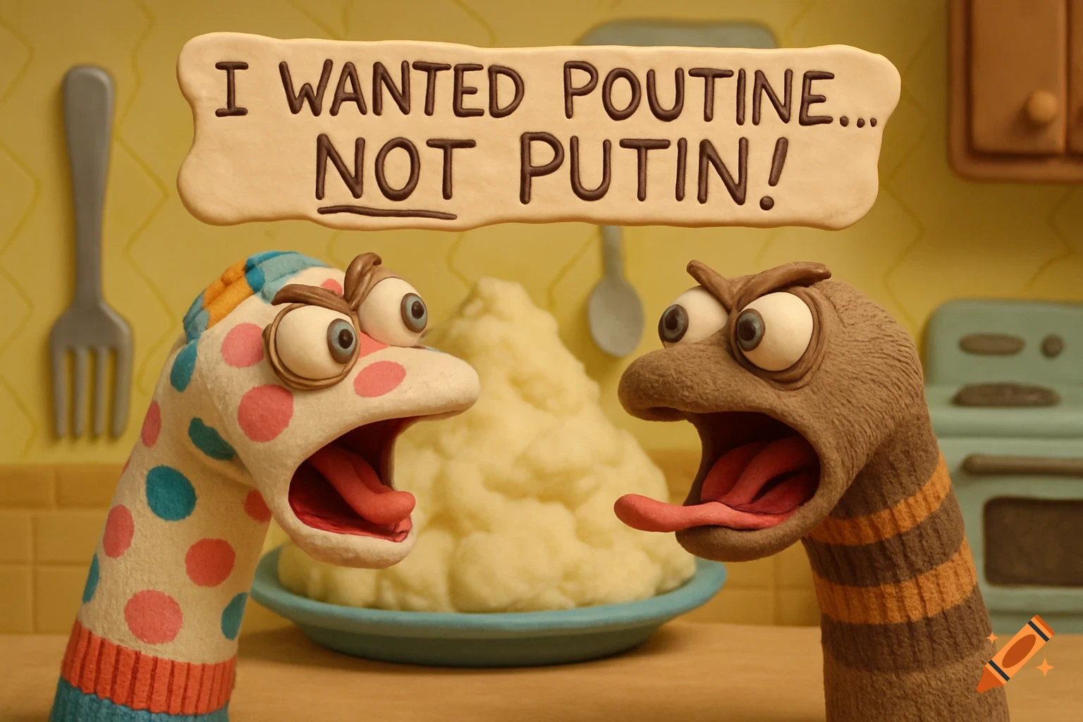 Two angry claymation sock puppets argue over a pile of mashed potatoes under a sign reading, "I wanted Poutine... not Putin!"