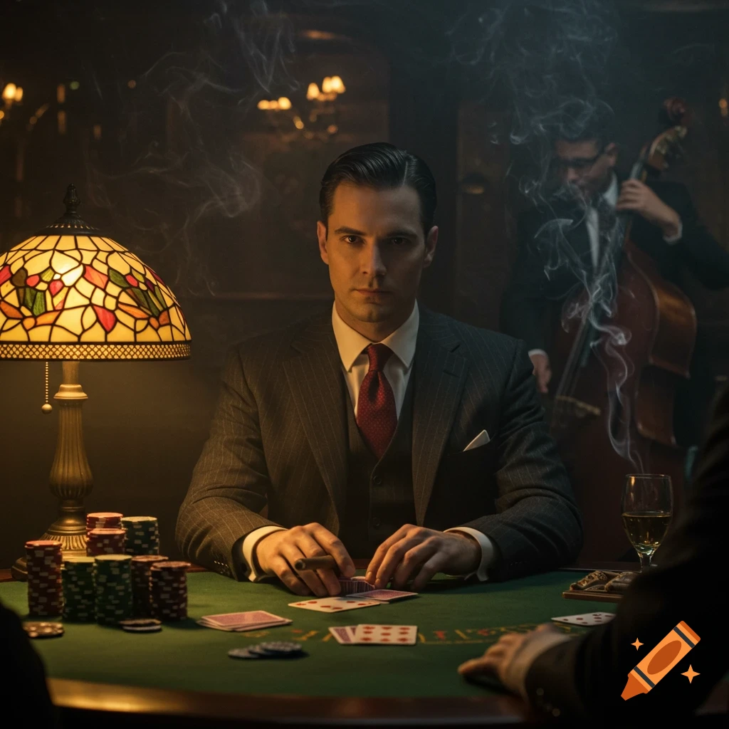 A man in a suit plays cards at a dark, smoky poker table, holding a cigar, with a stained-glass lamp nearby.