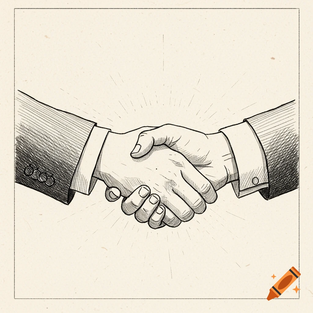 Vintage style line drawing illustration of two hands shaking, symbolizing agreement or partnership on a textured background.