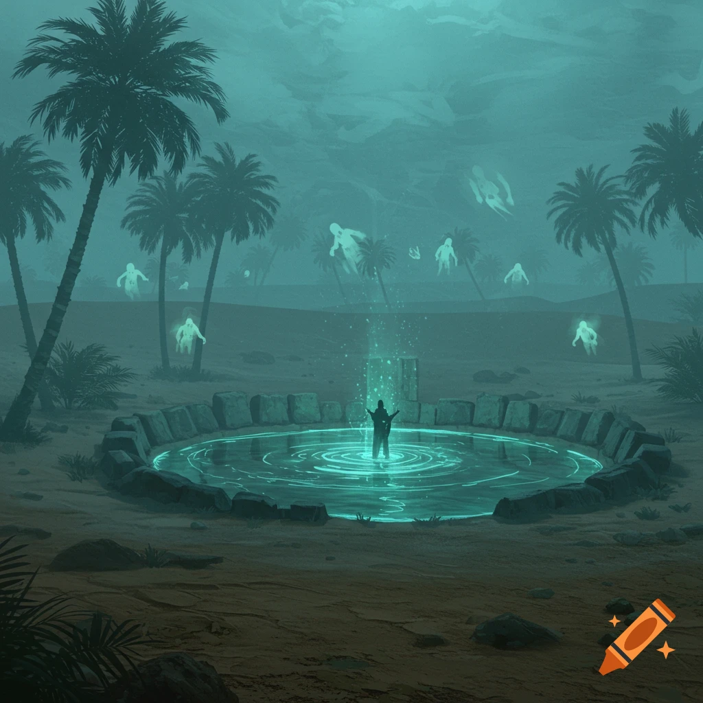 A dark, mystical desert oasis with glowing blue water and a figure performing a ritual, surrounded by floating ghost-like entities and palm trees under a hazy sky.