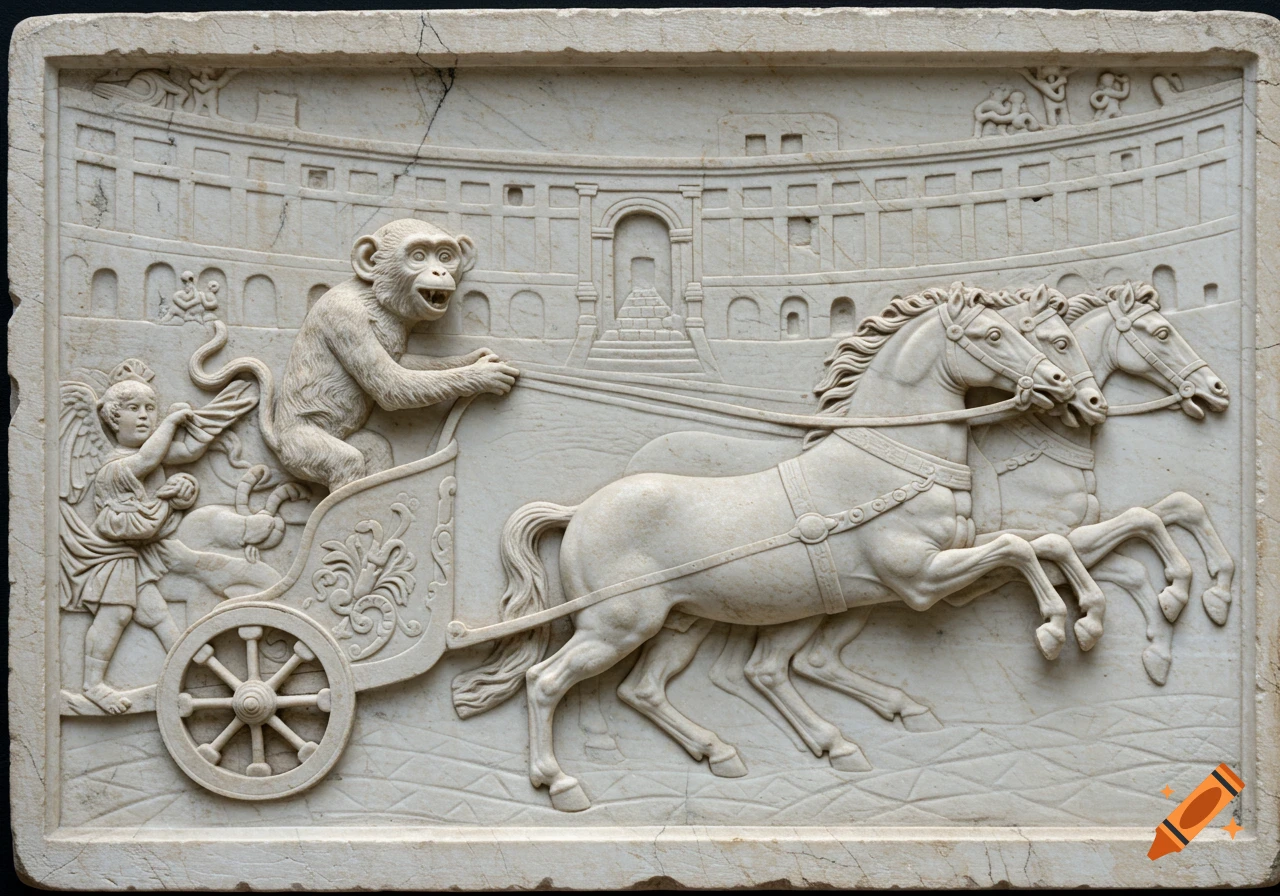 Marble relief depicting a monkey charioteer pulled by two horses, with a cherub, racing in an ancient arena.