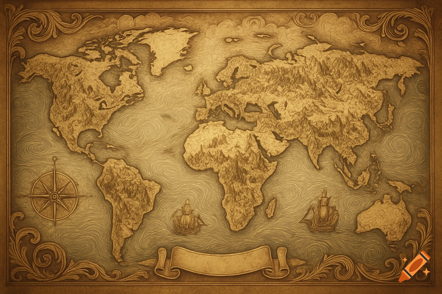 An old-style relief map of the world in sepia tones with ornate borders, a compass rose, sailing ships, and an empty scroll.