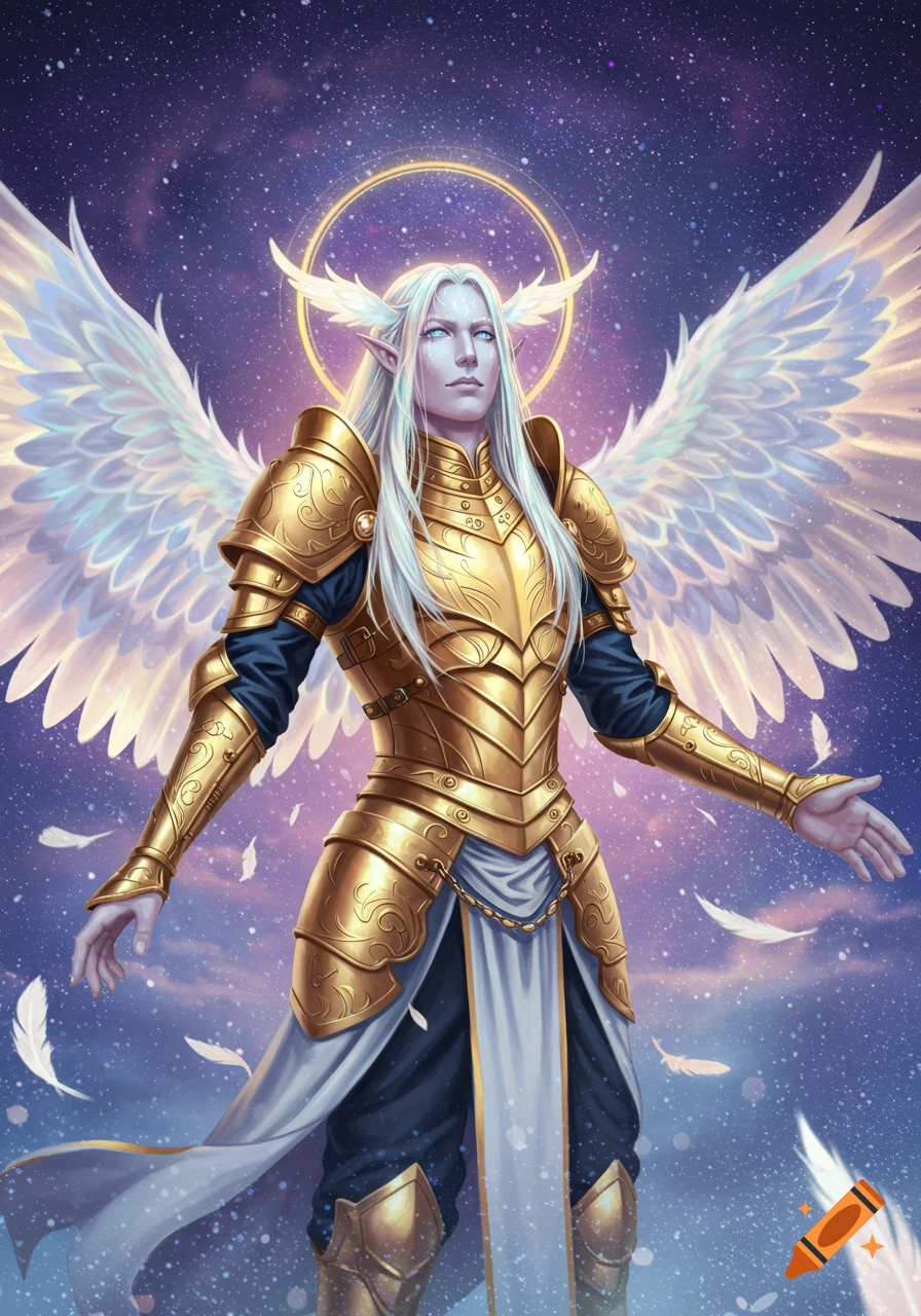 An angelic, long white-haired Aasimar in ornate golden armor and large white wings stands against a starry purple sky.