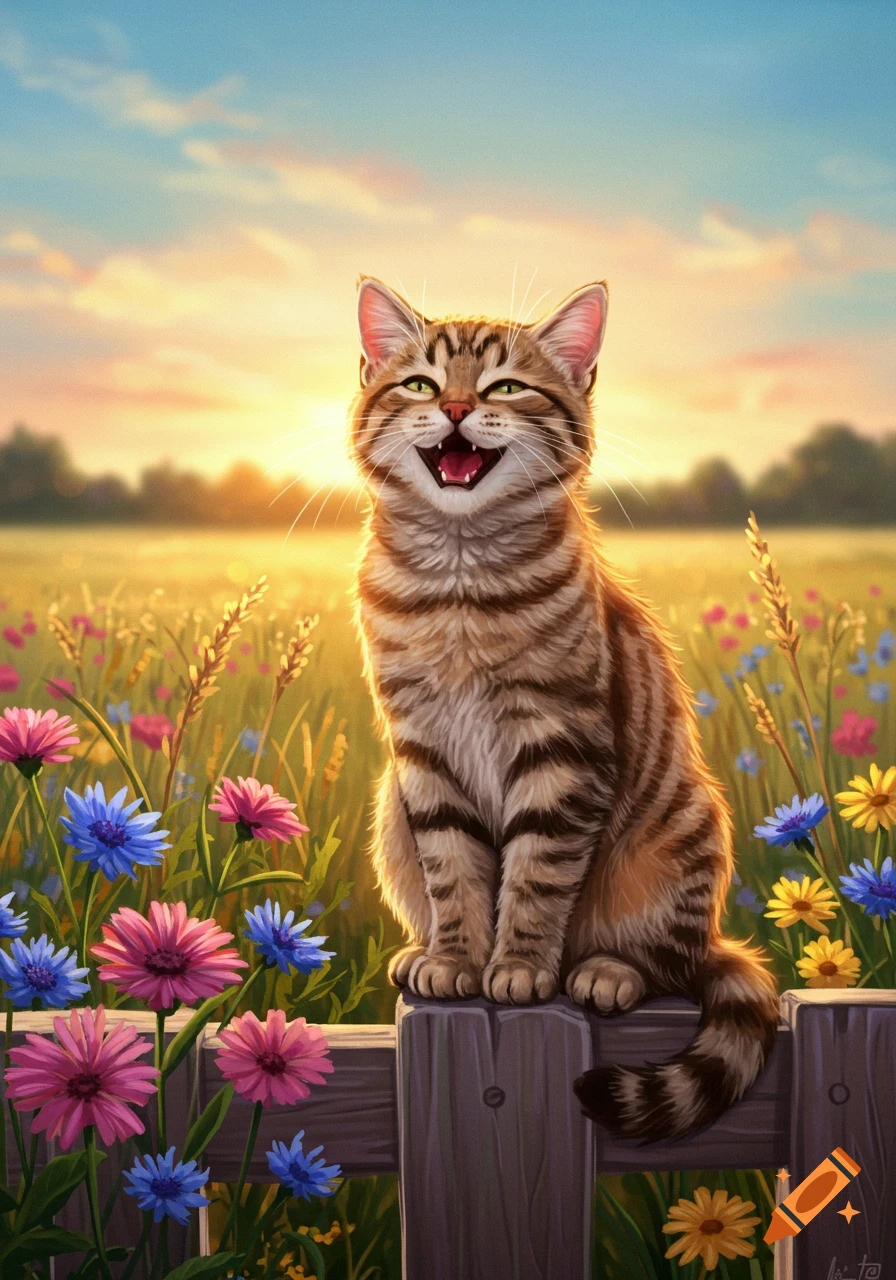 A happy tabby cat with a wide smile sits on a wooden fence in a vibrant ...