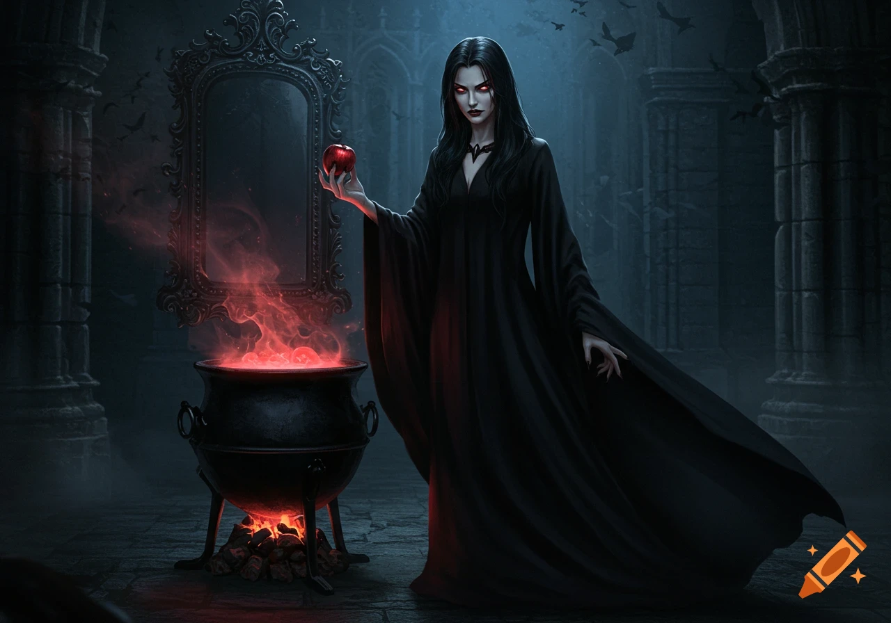 A dark-haired woman in a black gown holds a red apple by a smoking cauldron in a gothic castle with a mirror.
