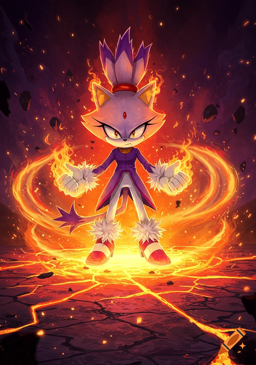 Blaze the Cat, a purple feline character, stands powerfully surrounded by a fiery vortex on cracked lava ground.
