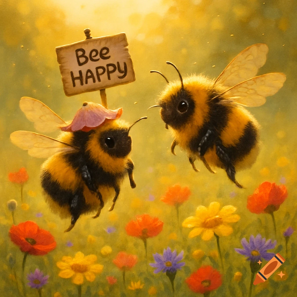 Two fluffy bumblebees in a field of colorful flowers, one holding a sign that reads 'Bee HAPPY'.